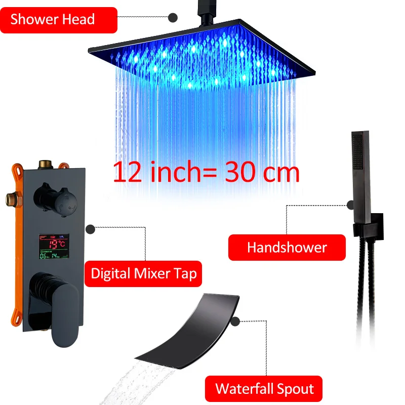 Quyanre черный цифровой смеситель для душа, светодиодный душ с дождевой насадкой, с цифровым температурным дисплеем, смеситель для душа, скрытый смеситель для душа - Цвет: 12 inch full set