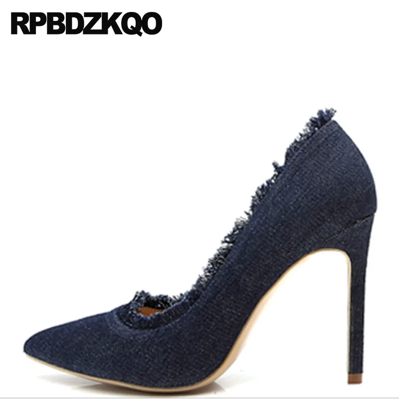 Brand Elegant Size 33 Denim Navy Blue Pumps Ladies European 4 34 Pointed Toe 3 Inch High Heels 2018 Office Stiletto Big Shoes