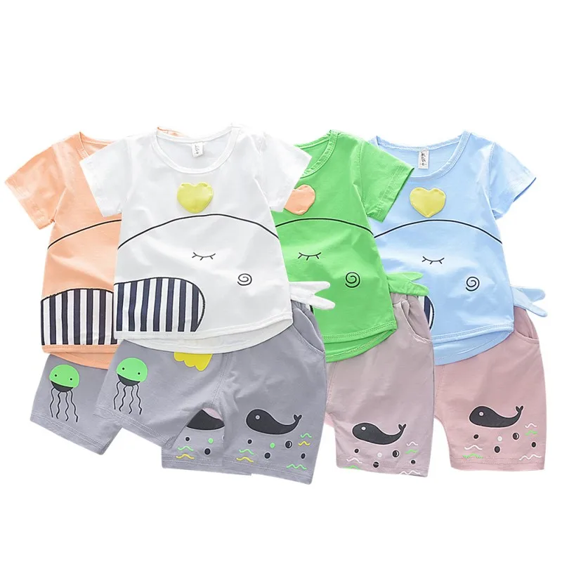 

Baby Boy Clothes Set Baby Boy Clothes Cartoon Print Plaid Elephant Star Dolphin Tee Fashion Shorts Baby Clothes Set