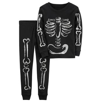 

Rorychen New Brand Fashion Clothes Kids Children's Long Sleeves+Pants 2pcs Set Black Skeleton Printed Overalls For Boys Set