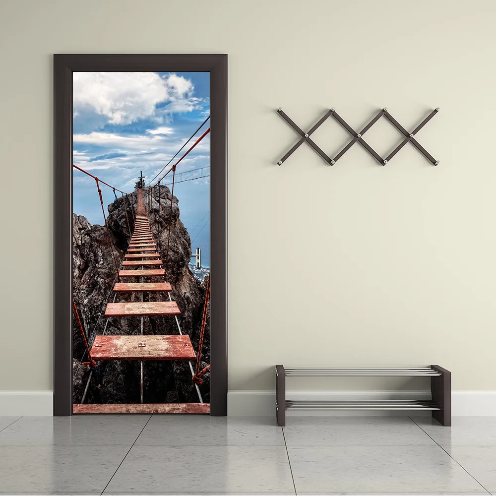 Diy 3d Door Sticker Mural Art Wallpaper Suspension Bridge Pattern Removable Room Wall Poster Home Decoration Gate Stickers | Дом и сад