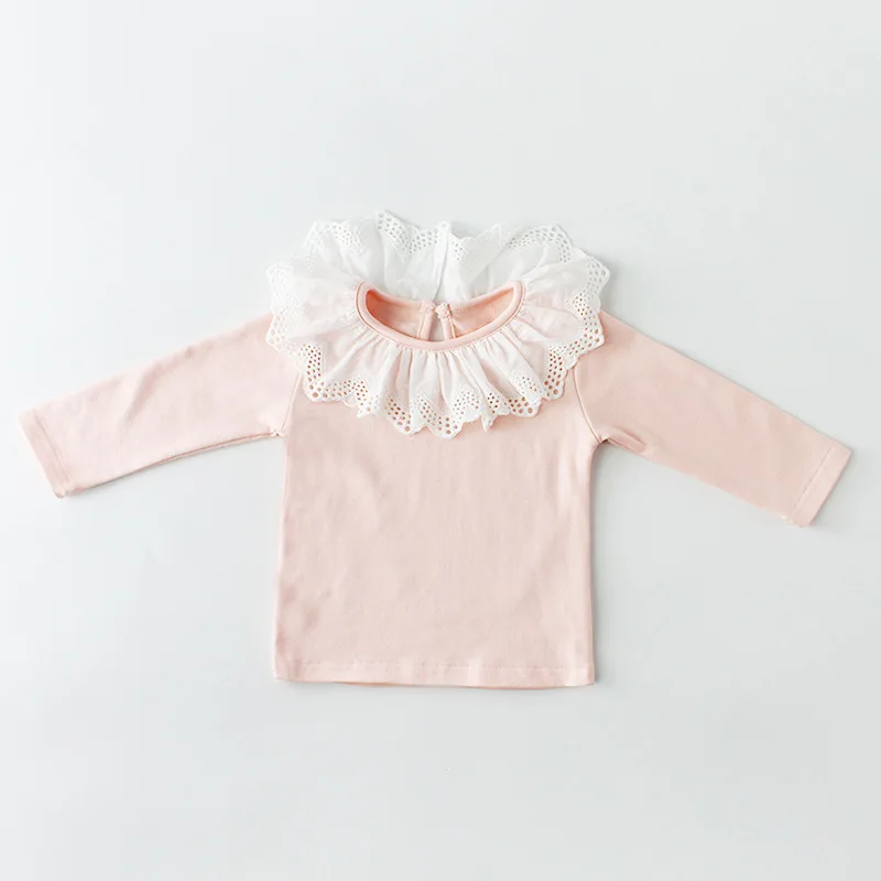 Джемпер для маленьких девочек Новинка года хлопок Песочная футболка осень младенческой кружево воротник одежда с длинными рукавами