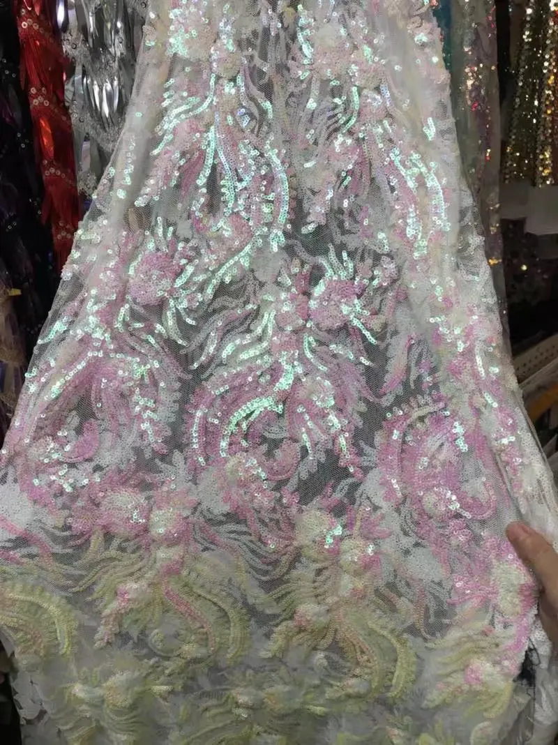 

Melody Pink White French Laces Fabric 3D Sequins Flower embroidery High Quality Tulle net Lace Soft tissue For Women Wedding