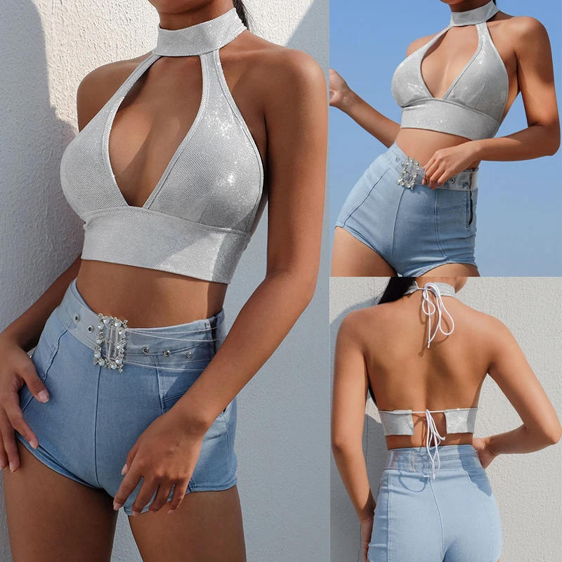 Hirigin пикантные Для женщин Дамы Холтер блестящие серебряные Crop Top V шеи бретели