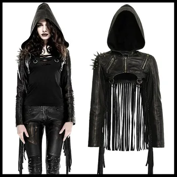 

PUNK RAVE Fashion Women Novelty Punk Rock Jacket Personality Leather Hooded Jacket Women Short Tassel Punk Jacket Coat