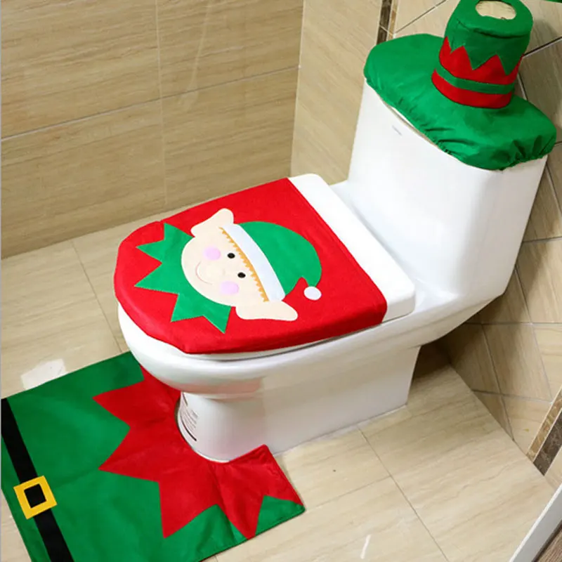 

Toilet Foot Pad Seat Cover Cap Christmas Decorations Toilet Seat Cover and Rug Bathroom Accessory Santa Claus 1Set