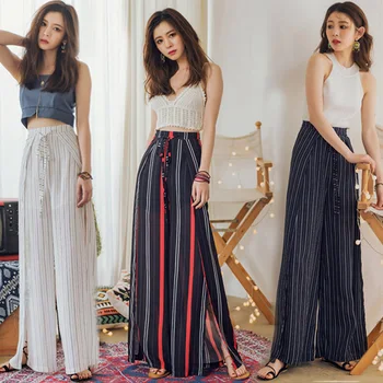 

2019 Women Split Wide-legged Pants High Waist Loose Bohemia Summer Holiday Beach Chiffon Stripe Trousers