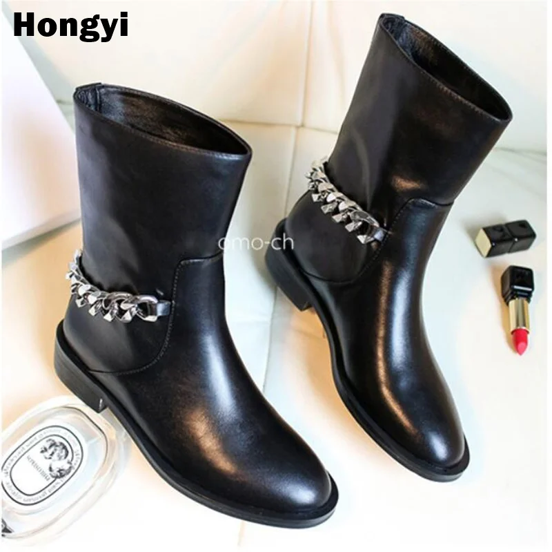Designer Silver Gold Chain Women Ankle Boots Chunky Heeled Autumn Women Booties Women's Shoes