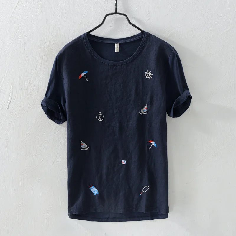

2018 New Short Sleeve Cotton Linen Casual T-shirt Men O-Neck Print Loose T shirt Brand Tops Y715