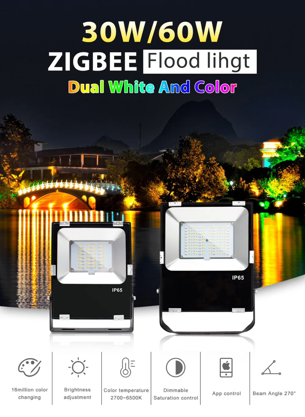 Smart LED Floodlight 30W 60W RGBCCT Outdoor Light IP65 Waterproof ZIGBEE Light Link AC 110V 220V LED Bulb Lamp Work with Echo