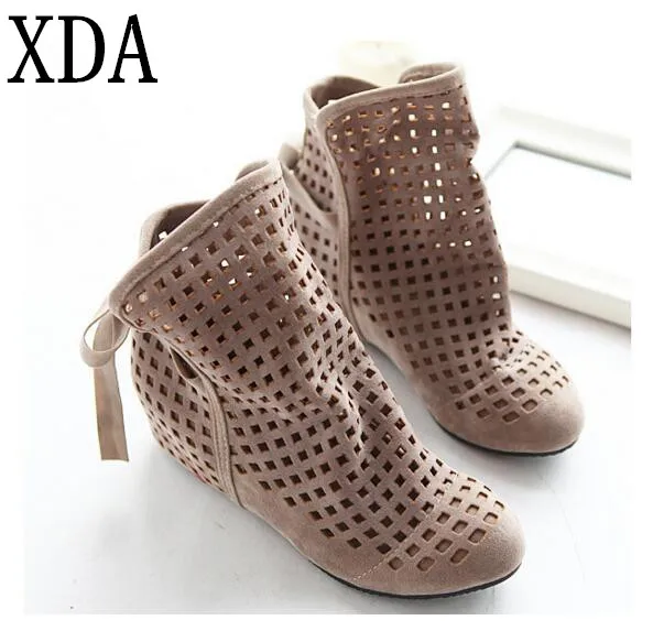 

XDA Big Size 34-43 Women's Summer Boots Flat Low Hidden Wedges Cutout women Boots Ladies Dress Casual Shoes Hot sale Cute Flock