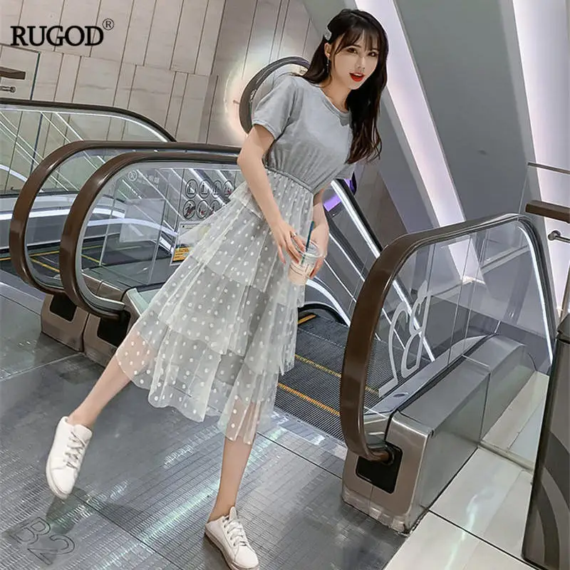 

RUGOD Very fairy French niche dress 2019 spring and summer new short-sleeved multi-layer cake robe O-neck robe longue femme