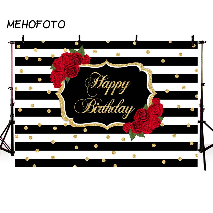 

Floral Happy Birthday Party Backdrop Roses Flowers Black White Stripes Girl Adult Photography Background Sweet 16 Decor Studio