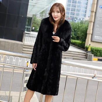 

Natural mink fur coat outerwear women long style real fur jacket with real fox fur collar new 2019 autumn winter plus size