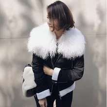 Зимнее женское пуховое пальто, короткий дизайн с большим овечьим мехом, меховой воротник, модные женские черные и белые куртки, парки
