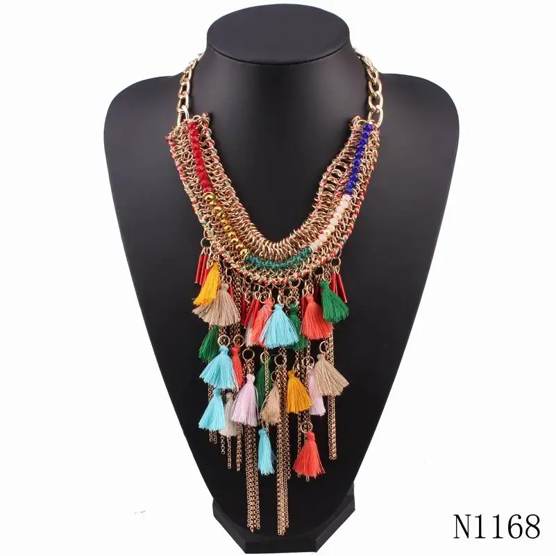 colorful tassel chunky gold chain bead statement pendant necklace for