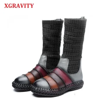 

XGRAVITY Ankle Short Women Snow Boots Elegant Genuine Leather Mixed Colors Lady Fashion Boots Vintage Ethnic Ladies Shoes A034-1