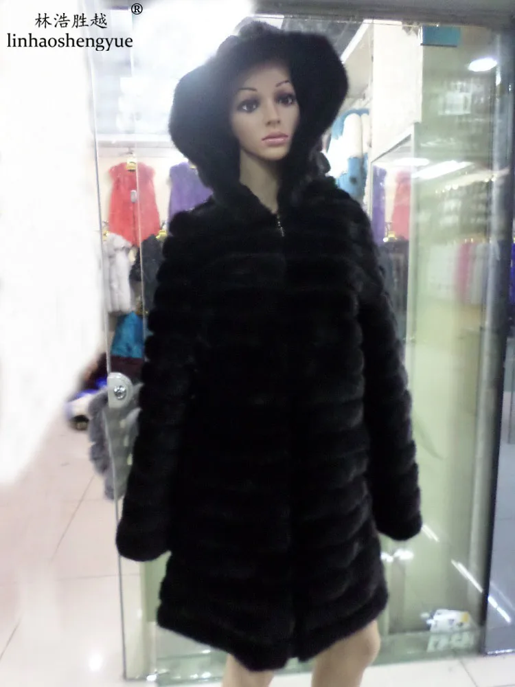 

Linhaoshengyue 85 cm length mink added pigskin long sleeve hooded fur coat