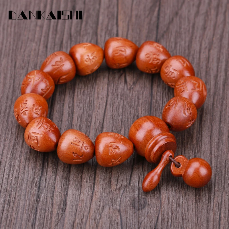 

Dankaishi Lightning Peach Wood Buddhist Scriptures Carving Beads Bracelets Women Men Prayer Bangle Religious Bracelets DKSFZ028
