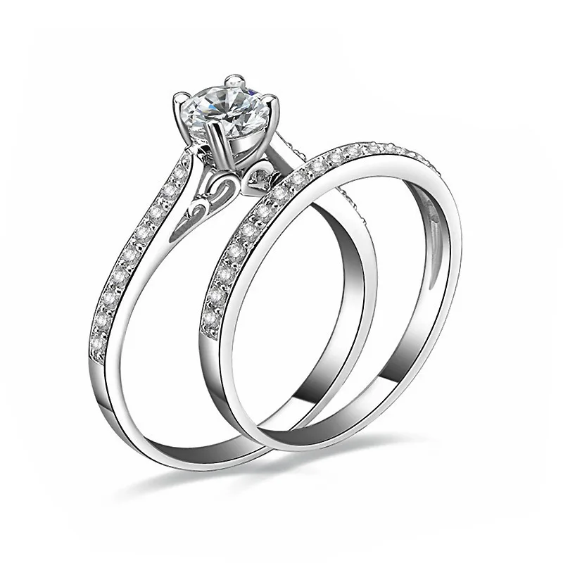 Fidelia 2Pcs/set Charm Lovers Ring Bijoux Femme Fashion Jewelry Bijoux Silver Crystal Engagement Wedding Rings For Women Men A