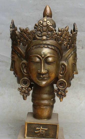 

13"Chinese Buddhism Copper 4 face Kwan-yin Guan Yin head bust statue sculpture R0711 Discount 35%