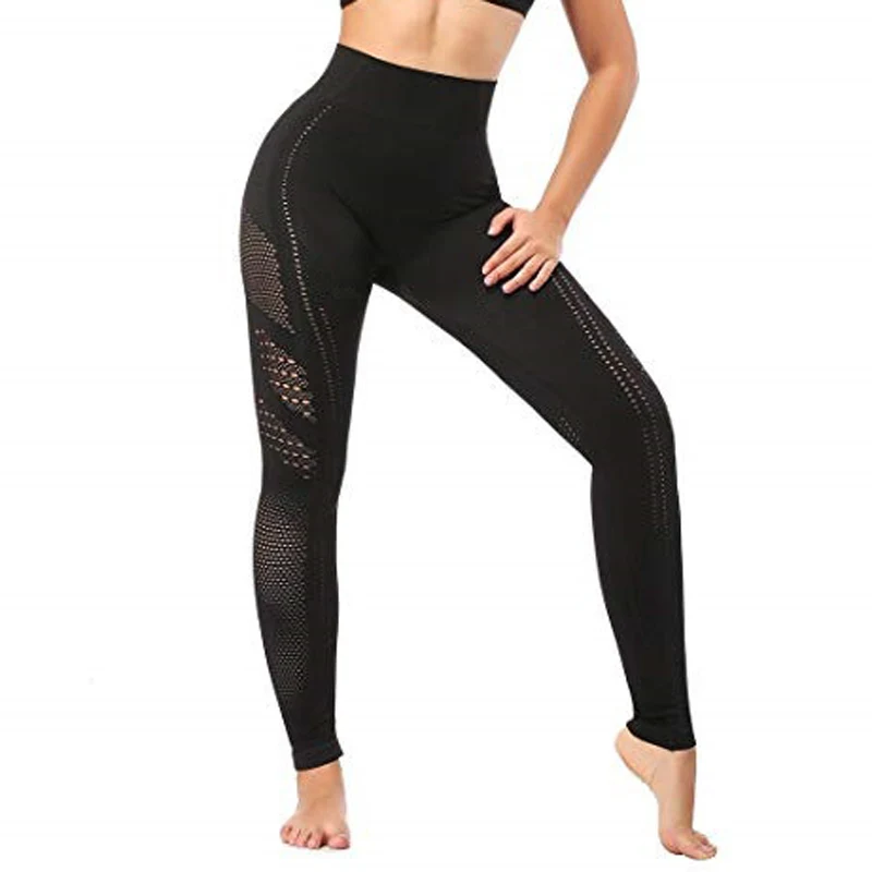 New Women Eyelet Knit Seamless Yoga Leggings High Waisted Tummy Control Gym Leggings Sports Pants Fitness Workout Flex Leggings