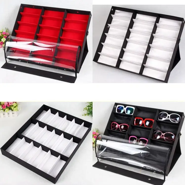 WIKILEAK Sunglasses Box Black Wood 18 Grids Eyeglass Box Eyewear Organizer Display Case Box Collector Sunglasses Storage pack