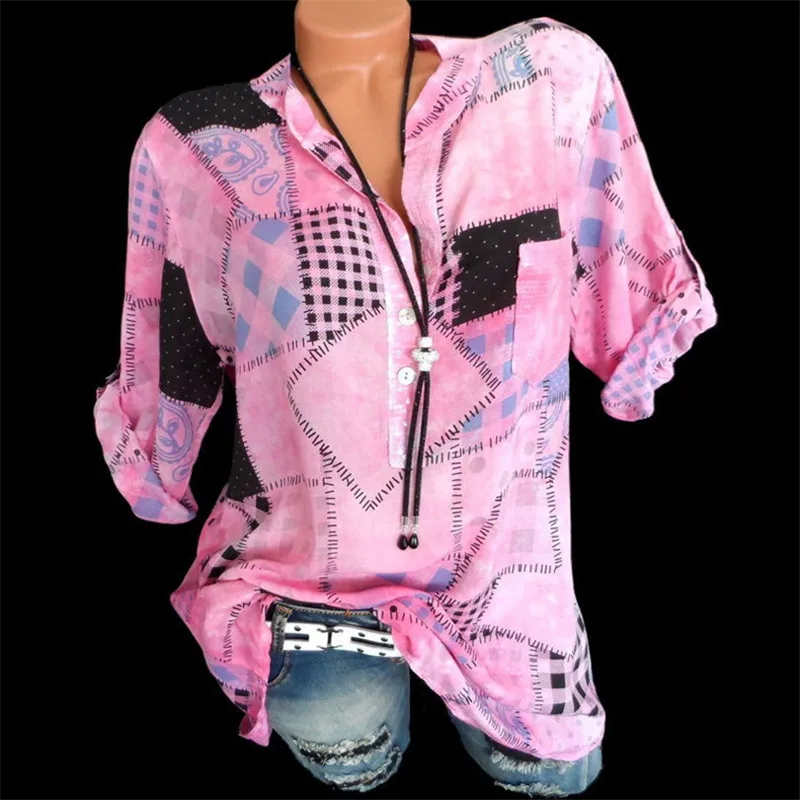 

2019 New Short Sleeve Loose Button Down Collar Shirt Tops Printed Casual Tunics Shirt Blouse for Women Fit Shirt Tees S-5XL