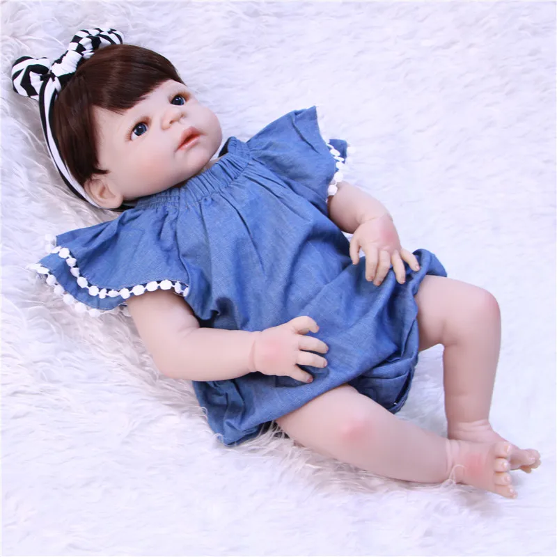 55cm Full Silicone Vinyl girl Body Reborn Baby Doll Toy For children gift Newborn Denim Wear Princess Babies Bebe Bathe Toy