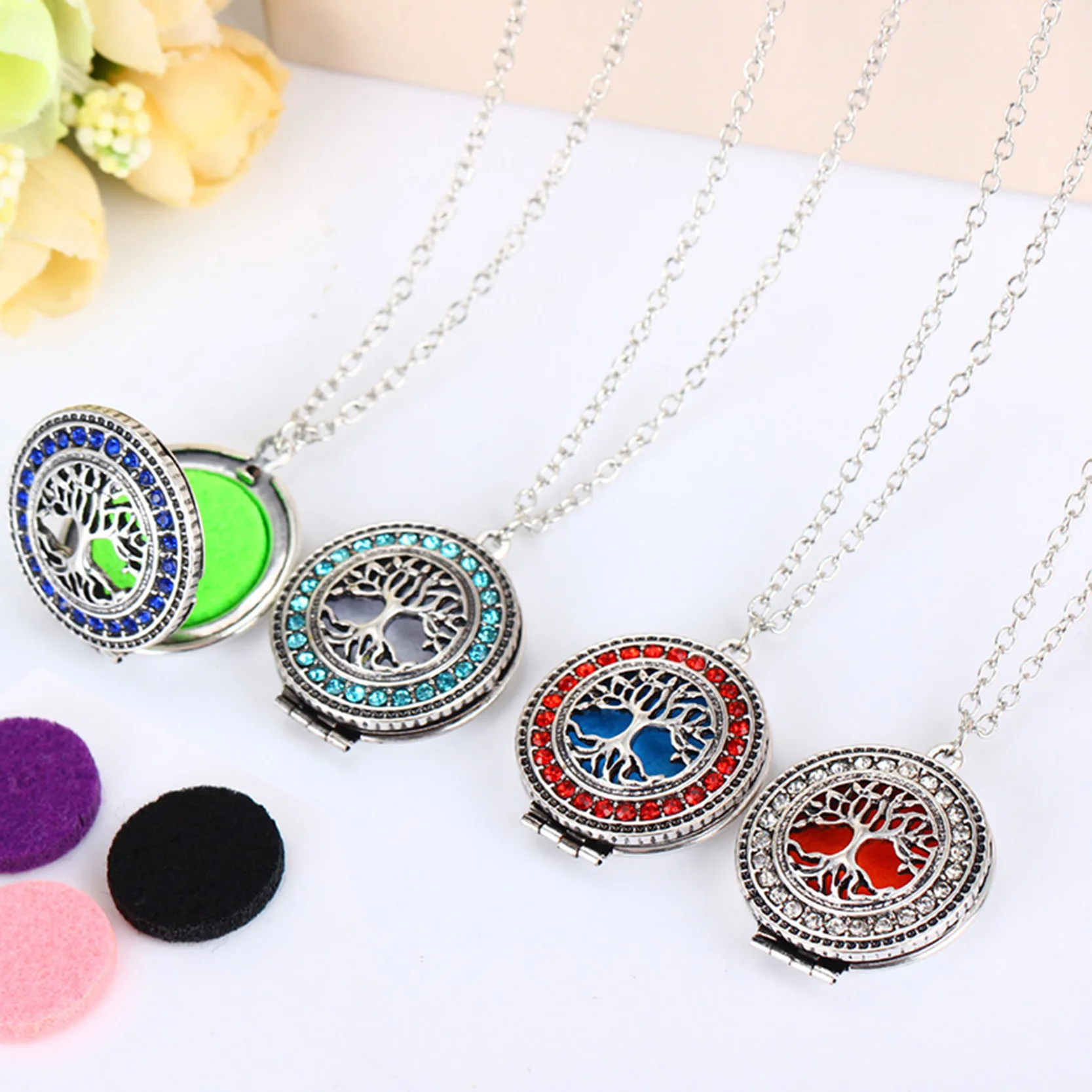 

Oil Essential Diffuser Necklace Silver Color with Tree of Life Rhinestone Locket Aromatherapy Necklace for Women Jewelry