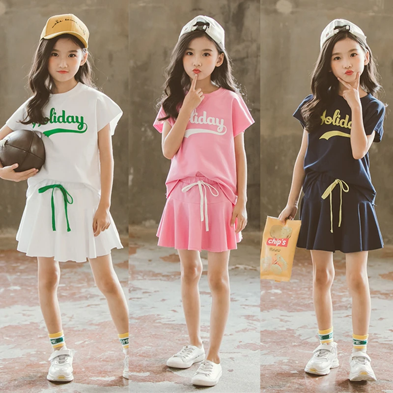 

2018 Casual Girls Summer Baseball Tracksuit 2Pcs Sets Cotton White&Pink&Navy Blue Sport T-Shirt+Elastic Waist Skirt Age 2-16Yrs