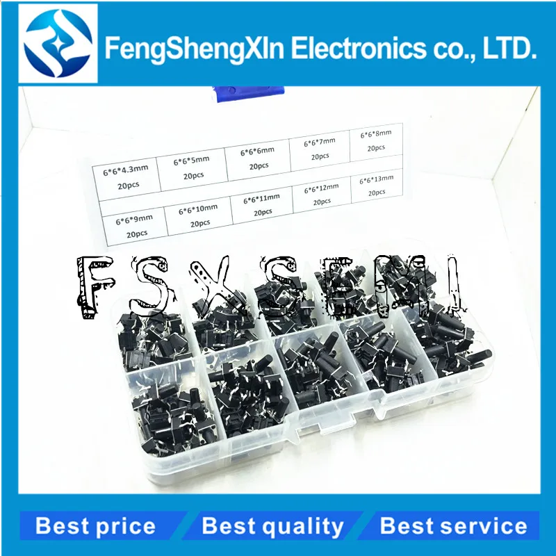 

10values*20pcs=200pcs 6*6 Light micro touch Switch sets toggle switch Kit , Height: 4.3MM - 13MM DIP 4Pin key switch