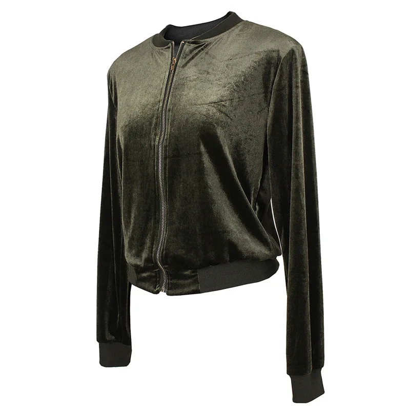JLI MAY Zipper Bomber Jacket women Turtleneck Velvet long sleeve Solid Color Blue Green Short coat casual winter basic jackets