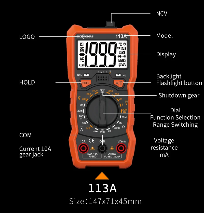 RICHMETERS RM113A бесконтактная проверка напряжения переменного Цифровой мультиметр 2000 отсчетов HFE AC/DC измеритель напряжения вспышки светильник задняя светильник большой Экран