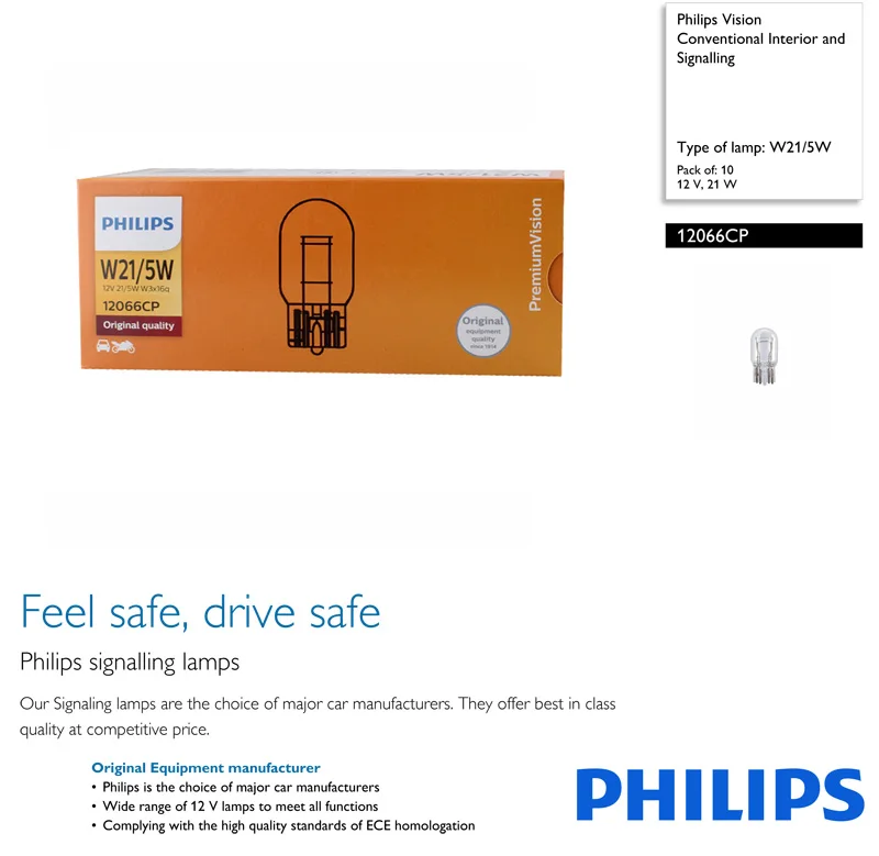 10 шт. Philips W21/5 Вт T20 7443 12V 21/5 Вт Премиум виденье Автомобильная оригинальная Стандартный Поворотная сигнальная лампа заднего хода световой стоп-сигнал 12066CP