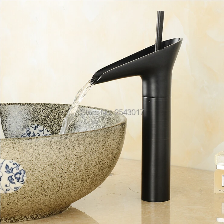 

GIZERO Free Shipping Black Waterfall Faucet Drink Wine Cup Style Single Handle Deck Mounted Basin hot&cold Mixer Taps FR300