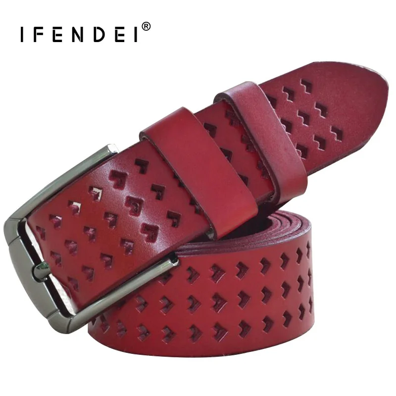 

IFENDEI Designer Belts Women High Quality Red Leather Strap For Women Metal Pin Buckle Waistband For Jeans Hollow White Belt