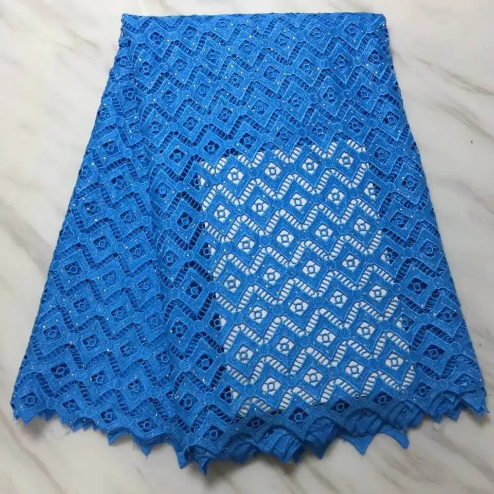 

5Yards/pc Popular sky blue african water soluble lace embroidery french mesh cord lace with rhinestone for dress BW139-15