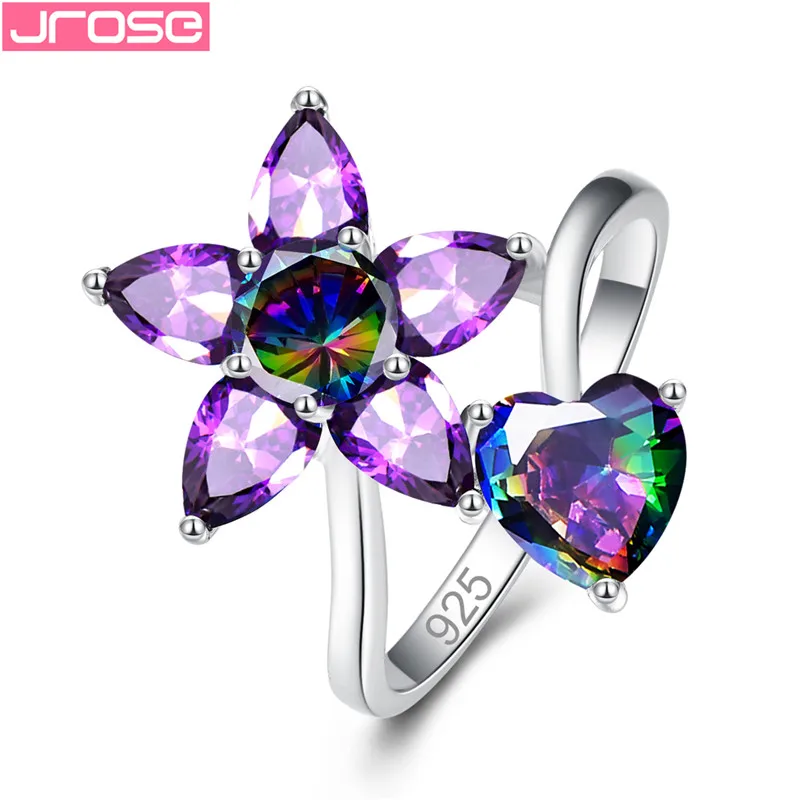 

JROSE Trendy Rings for Women Sterling Silver 925 Jewelry Zircon Flower and Heart Open Finger Ring Adjustable Bague Anillos Mujer