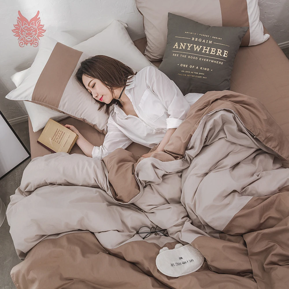 

32S Pure Cotton bedding set blue coffee pink striped duvet cover set fitted sheet type jogo de cama for 150cm 180cm bed SP5203