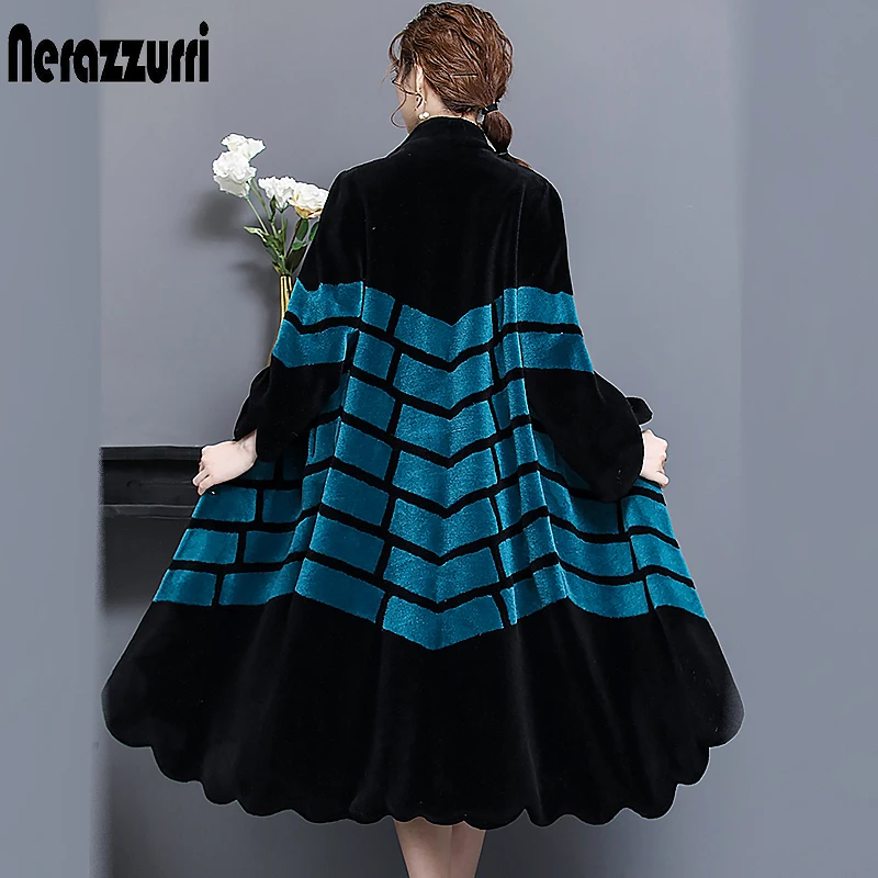 

Nerazzurri Real lamb fur coat women winter long female genuine natural fur contrast color warm puls size sheepskin coats 5xl 6xl