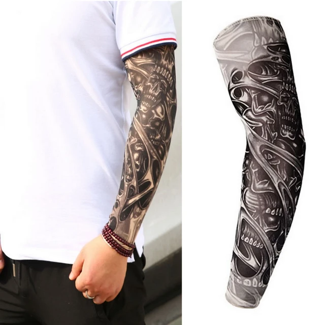 Fake Temporary Tattoo Sleeves Tattoos Full Long Slip On Arm Tattoo Sleeve  Kit Men Elastic Nylon Glove Tattoos black skull design