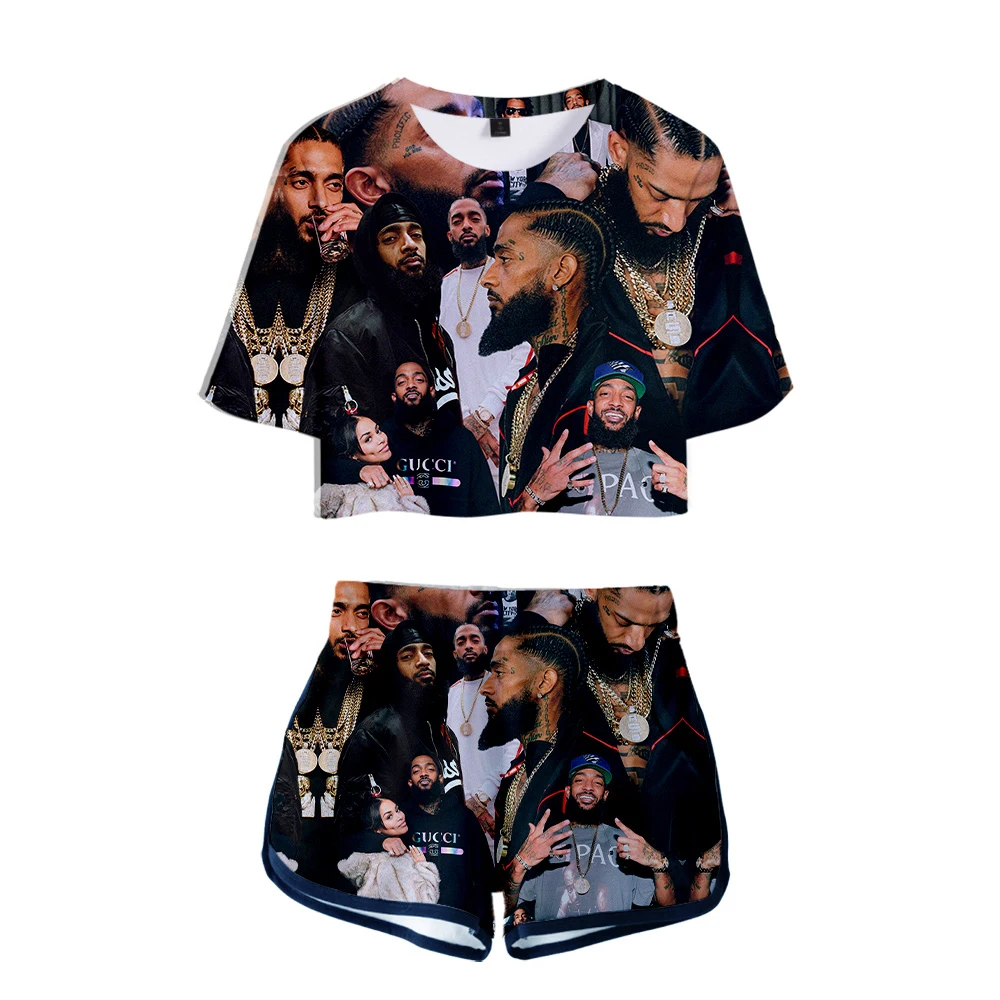 

2019 Nipsey hussle two piece set Kpop Women Sets New Oversize Navel short sleeve and Short Pant O-neck Summer kpop two piece set