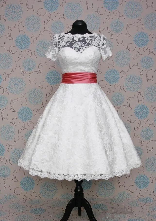 Vintage Style Short Sleeve Tea Length Lace A Line Short Wedding Dresses