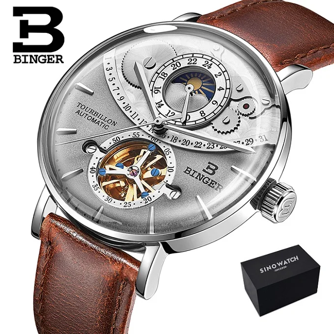 Швейцарские мужские часы Бингер автоматические механические мужские часы люксовый бренд Сапфир Relogio Masculino водонепроницаемые мужские часы - Цвет: leather brown