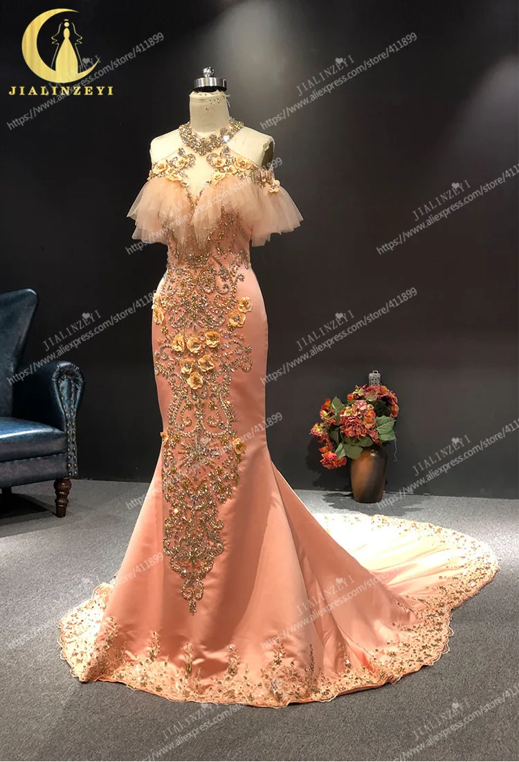 JIALINZEYI реальное изображение оранжевый Холтер Кристалл Роскошный Пол Длина вечерние платья