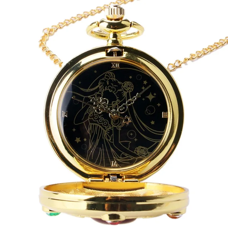 Модные Классические аниматные Сейлор Мун серии золотые кварцевые карманные часы с necklace ем женские Девушки дамы подарок