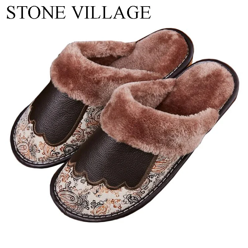 US $10.71 Genuine Leather Slippers Women New Indoor Shoes Home Slippers Soft Bottom Wood Floor Non Slip Warm Plush Cotton Men Slippers