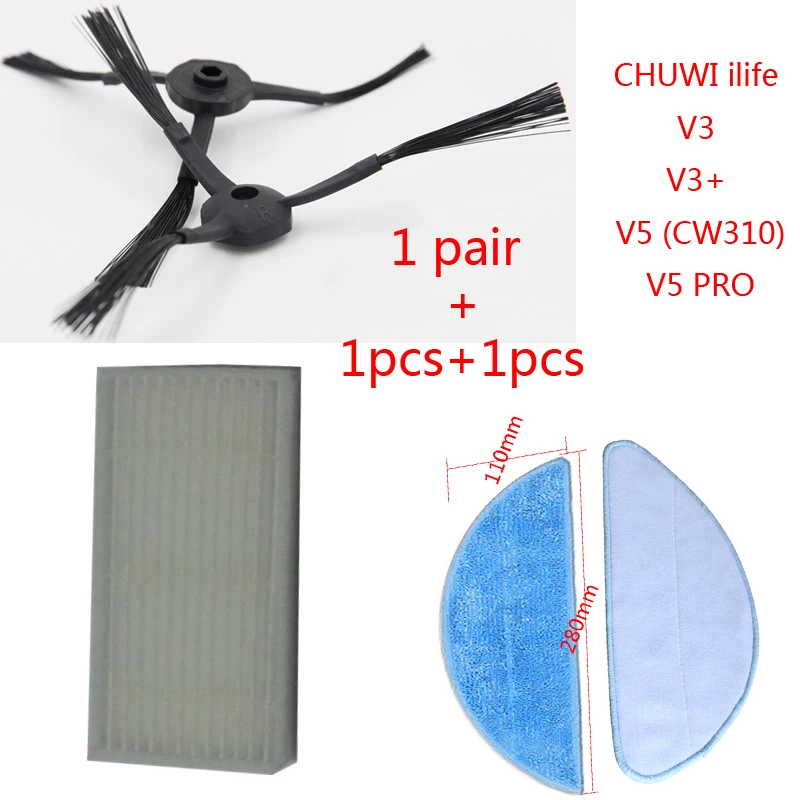 

1pair side Brushes+1pcs hepa Filter+1pcs Mop Cloth for chuwi ilife V3 V3+ V5 (CW310) V5 PRO chuwi ilife v5 replacement parts