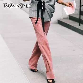 

TWOTWINSTYLE Wide Leg Trousers Women High Waist Zipper Corduroy Pants For Women Large Sizes 2020 Spring Autumn Casual Fashion